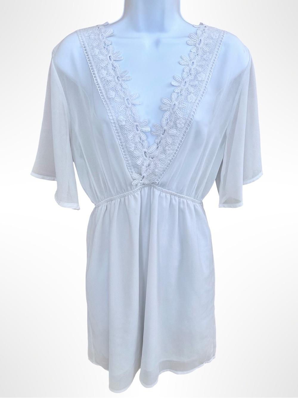 White Mini Sheer Beach Cover-Up Bridal Lingerie Slip Dress Coquette Fairy Lace